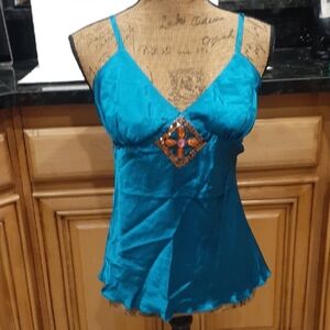 Satin Teal Sleeveless Camisole Top with Embellishment Med. Adjustable Straps